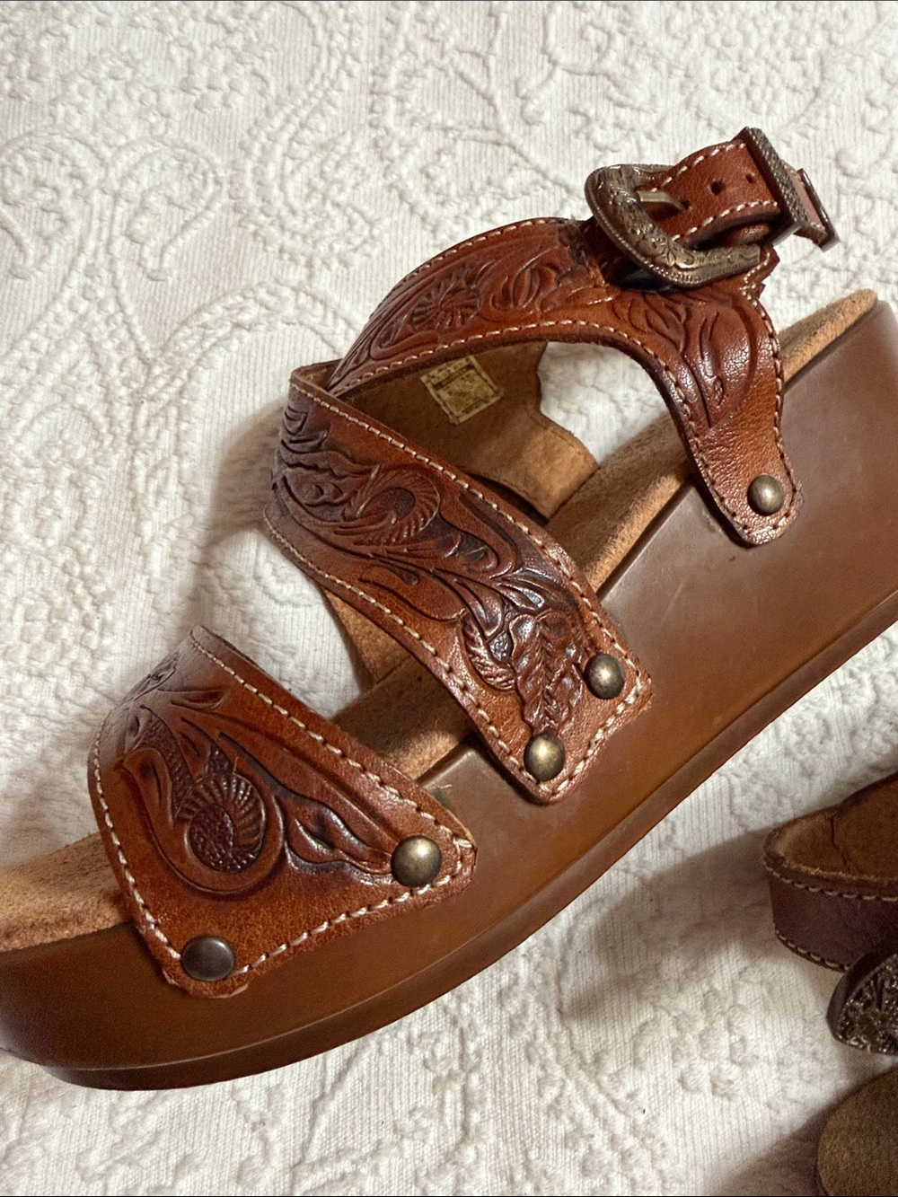 Roper Sandals Size 9 Brown Western Tooled Leather Platform - Picture 9 of 11